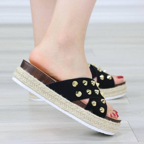 Black Platform Espadrille Sandals Crossover Gold Metal Stud Slip On Sliders - Picture 11 of 13